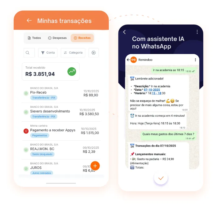 Telas do Remindoo: lista de transações e assistente de IA no WhatsApp